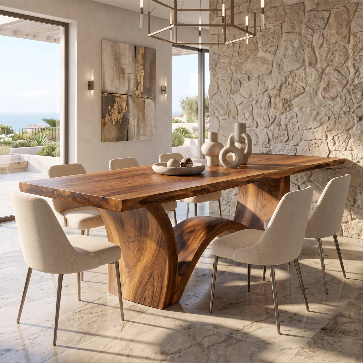 Live Edge Solid Wood Dining Table with Sculptural Curved Base