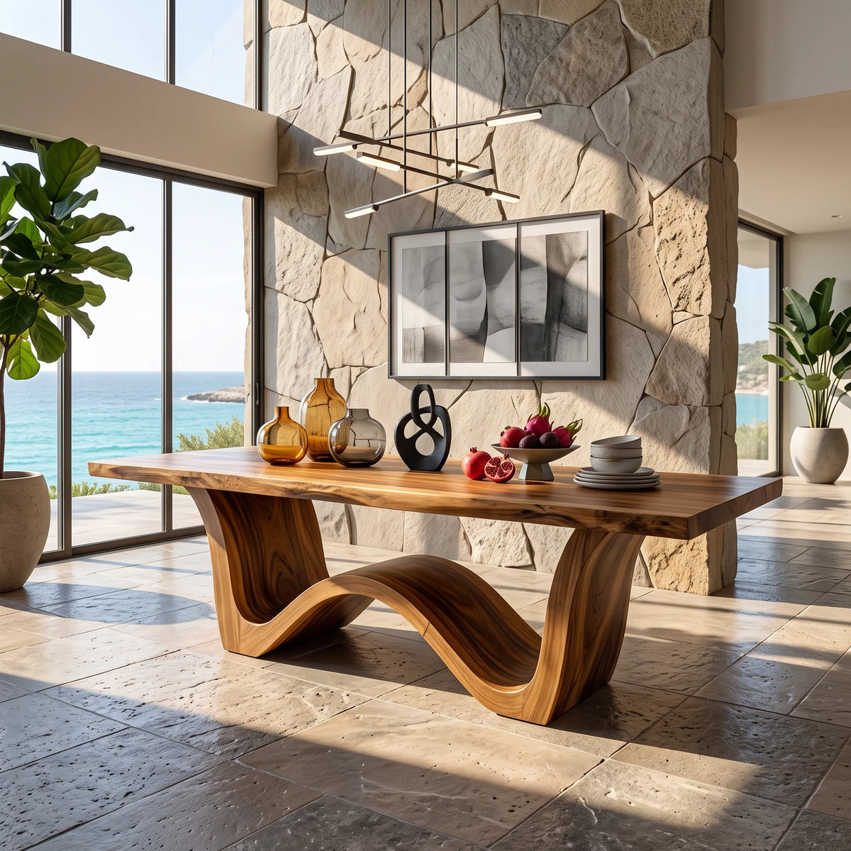 Live Edge Solid Wood Dining Table with Sculptural Curved Base