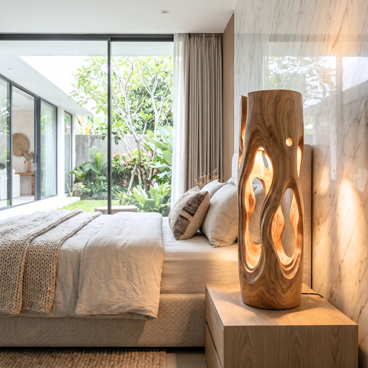 Organic Sculptural Wood Floor Lamp with Warm Ambient Lighting