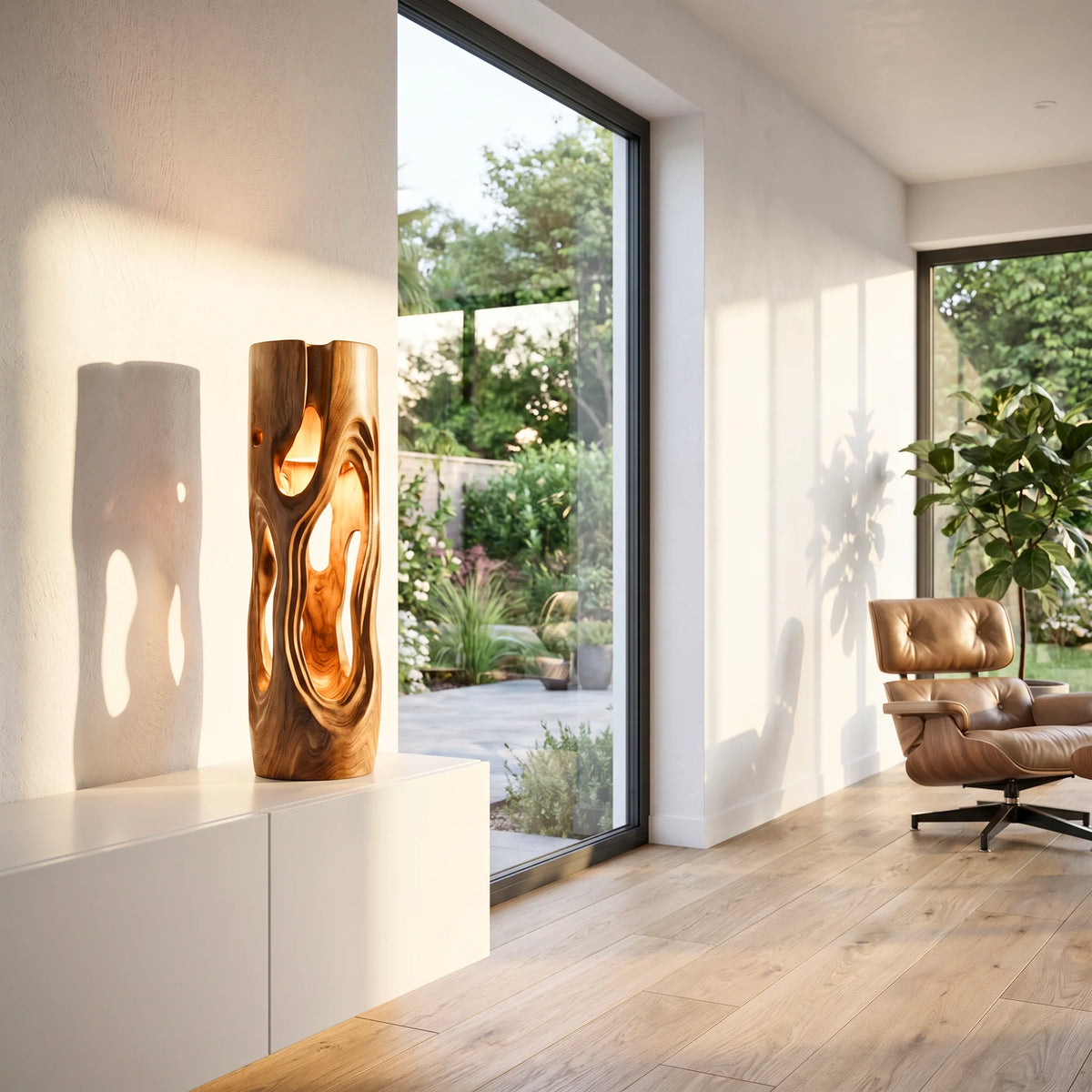 Organic Sculptural Wood Floor Lamp with Warm Ambient Lighting