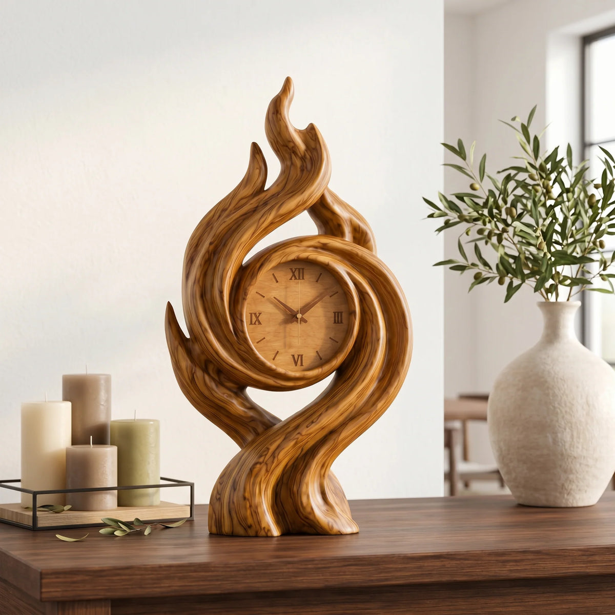 Handcrafted Solid Wood Flame Spiral Table Clock with Roman Numeral Dial – Artistic Decorative Desk Clock