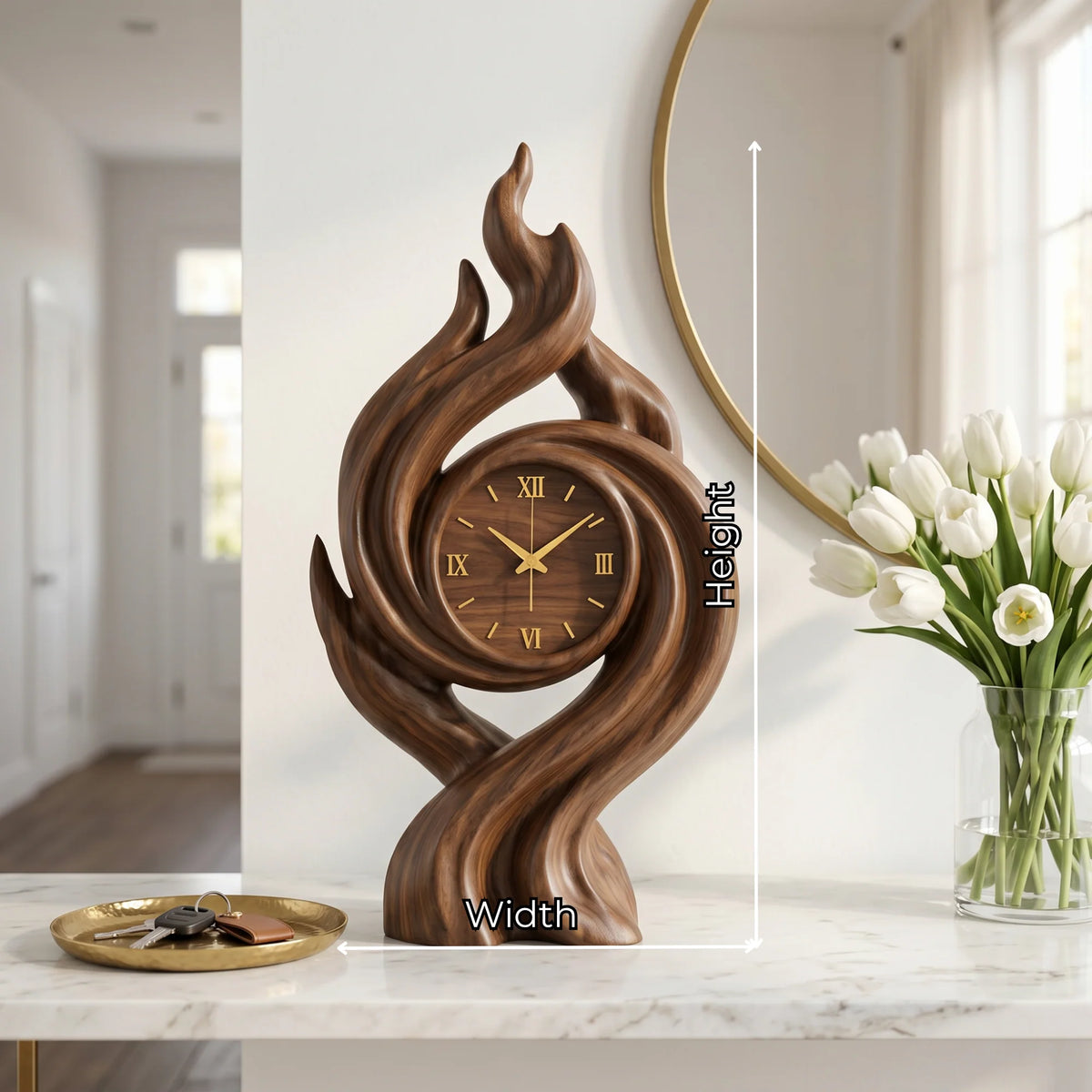 Handcrafted Solid Wood Flame Spiral Table Clock with Roman Numeral Dial – Artistic Decorative Desk Clock