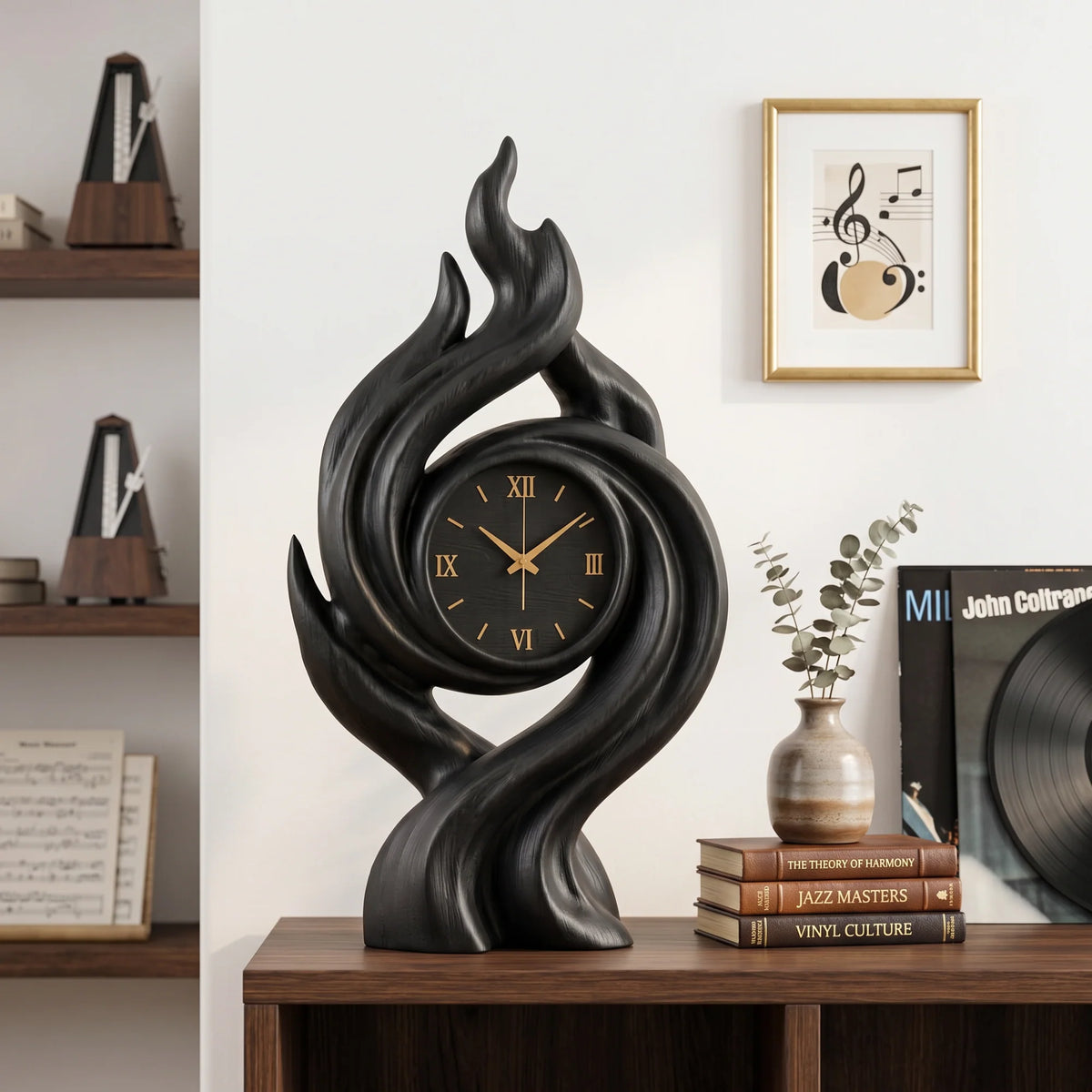 Handcrafted Solid Wood Flame Spiral Table Clock with Roman Numeral Dial – Artistic Decorative Desk Clock