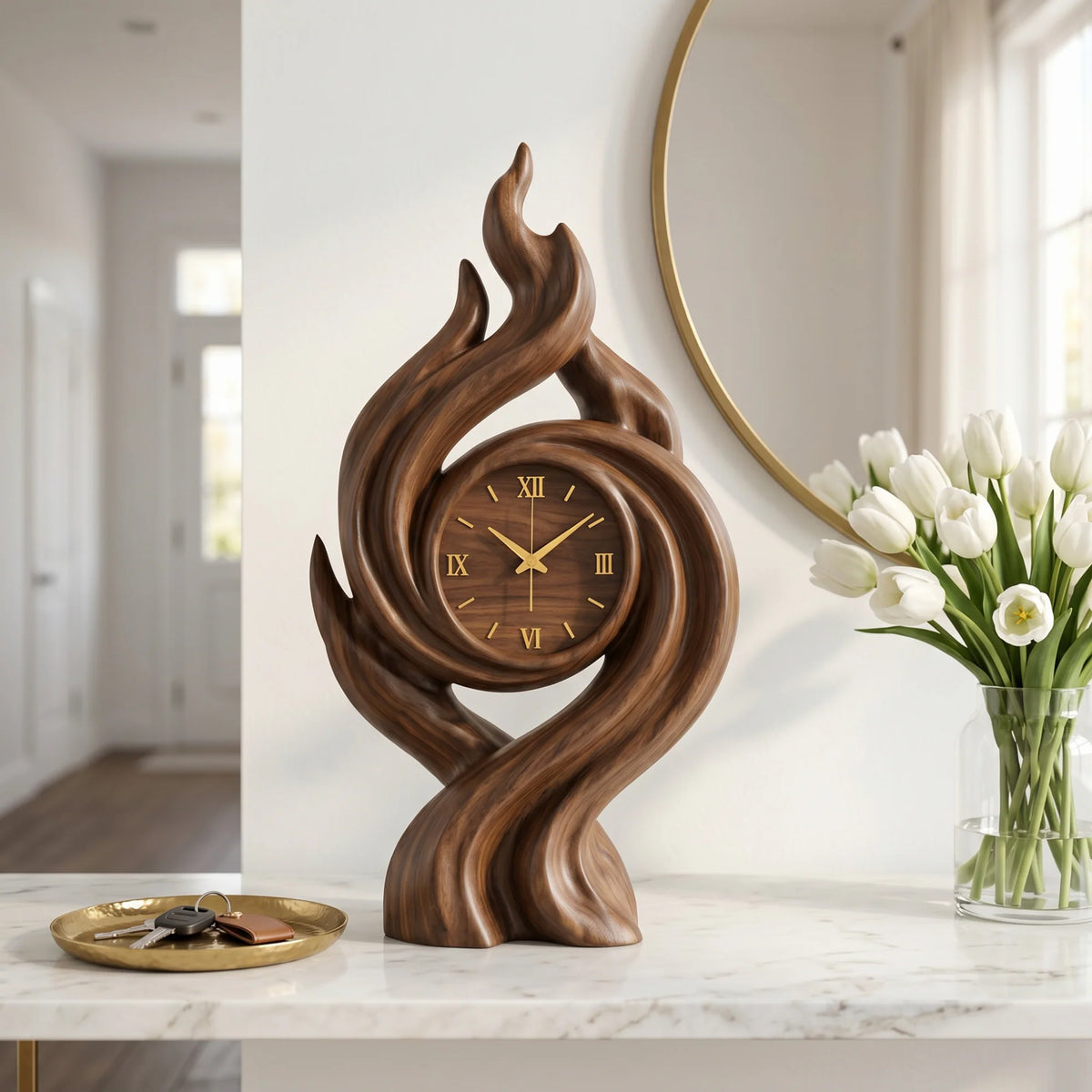 Handcrafted Solid Wood Flame Spiral Table Clock with Roman Numeral Dial – Artistic Decorative Desk Clock