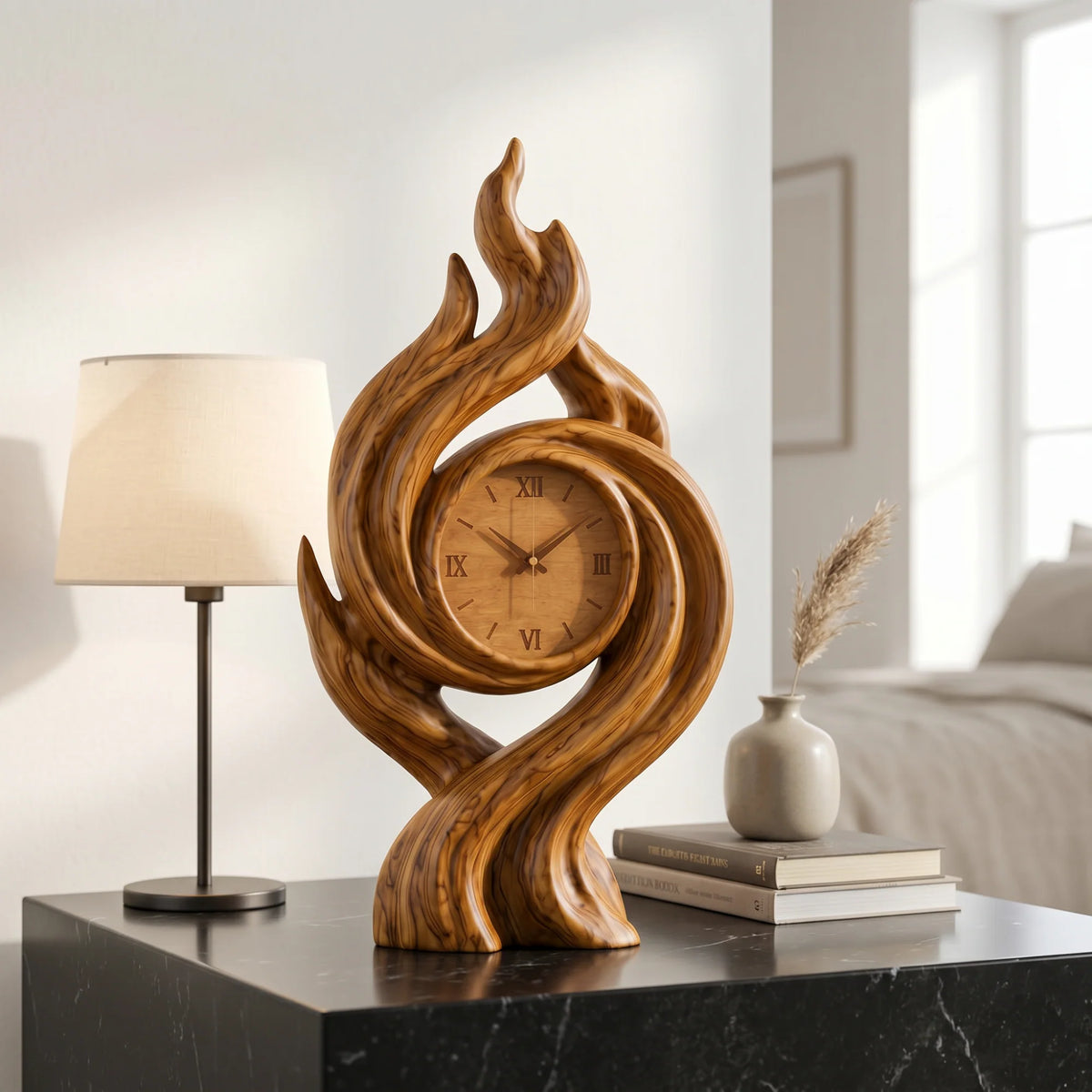 Handcrafted Solid Wood Flame Spiral Table Clock with Roman Numeral Dial – Artistic Decorative Desk Clock