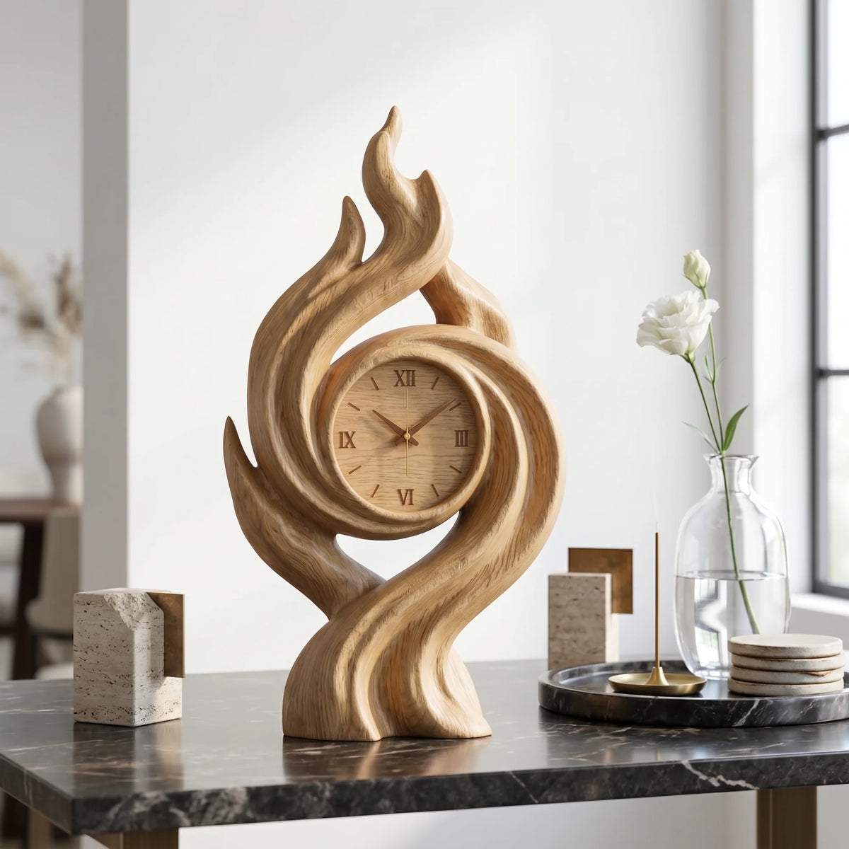 Handcrafted Solid Wood Flame Spiral Table Clock with Roman Numeral Dial – Artistic Decorative Desk Clock