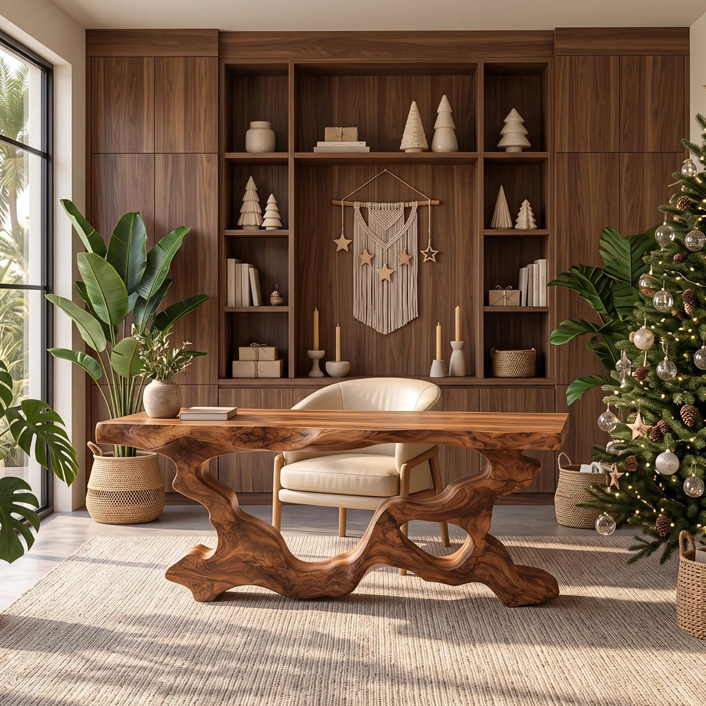 Live Edge Solid Wood Executive Desk with Sculptural Root-Style Frame – Luxury Office Furniture