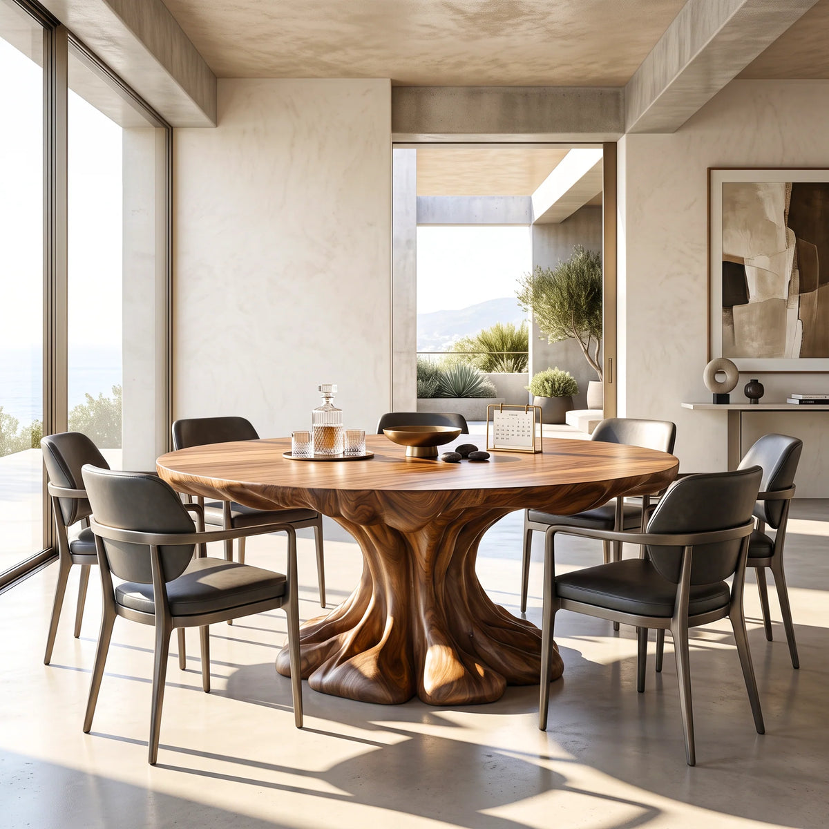 Organic Solid Wood Dining Table with Sculptural Flowing Pedestal Base