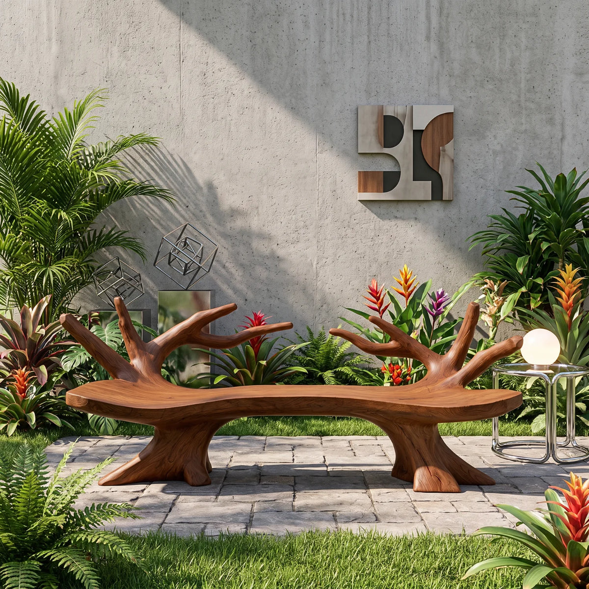 Branch Form – Solid Wood Garden Bench with Sculptural Root Base