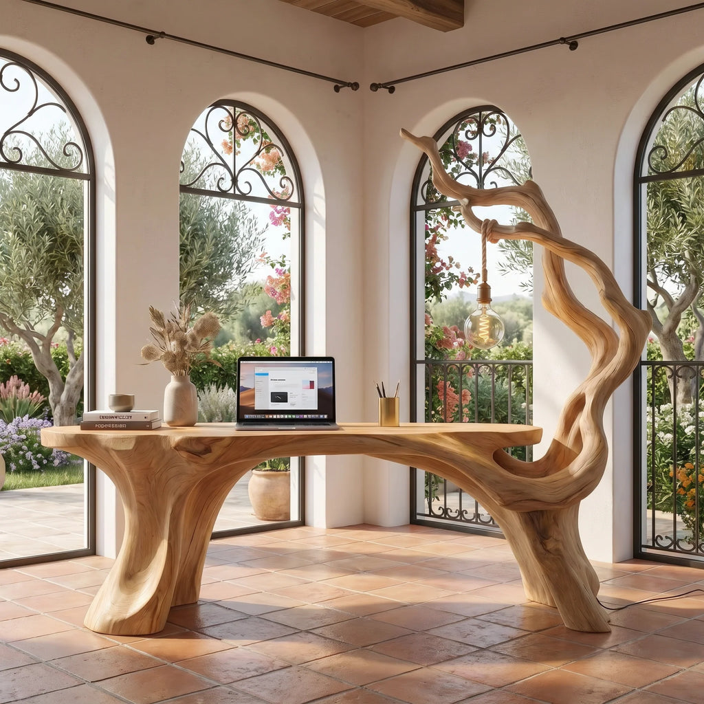 Sculptural Solid Wood Desk with Integrated Hanging Lamp – Artistic Modern Workspace Furniture