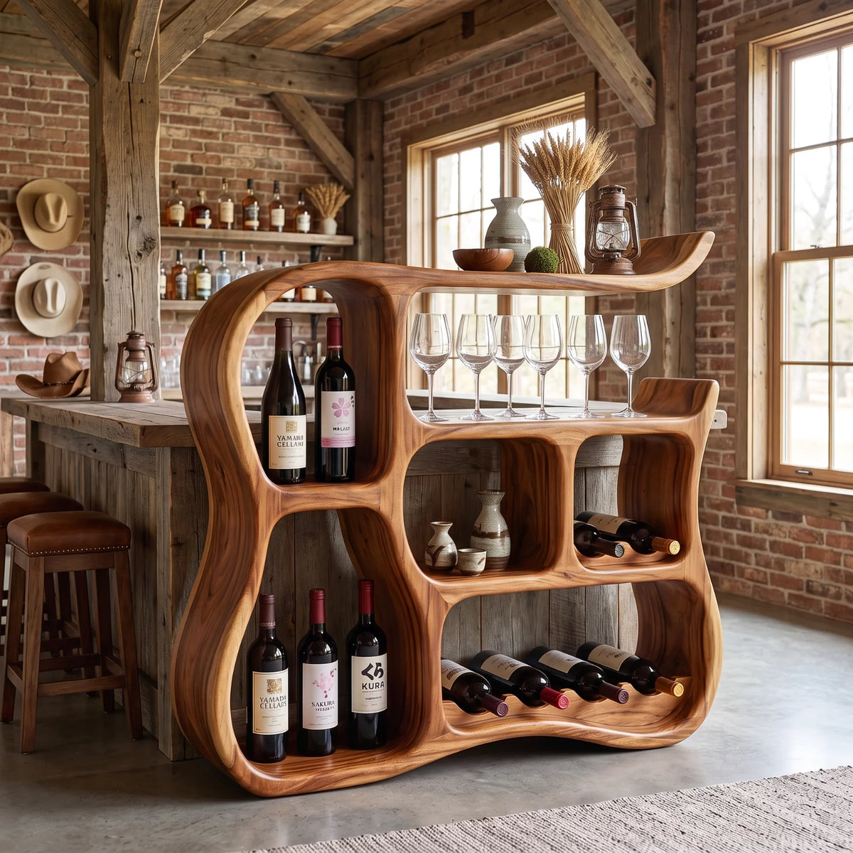Solid Wood Wine Cabinet with Sculptural Curved Compartments for Home Bar Storage