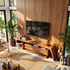 Sculptural Solid Wood TV Stand with S-Curve Frame and Wave-Grain Cabinet