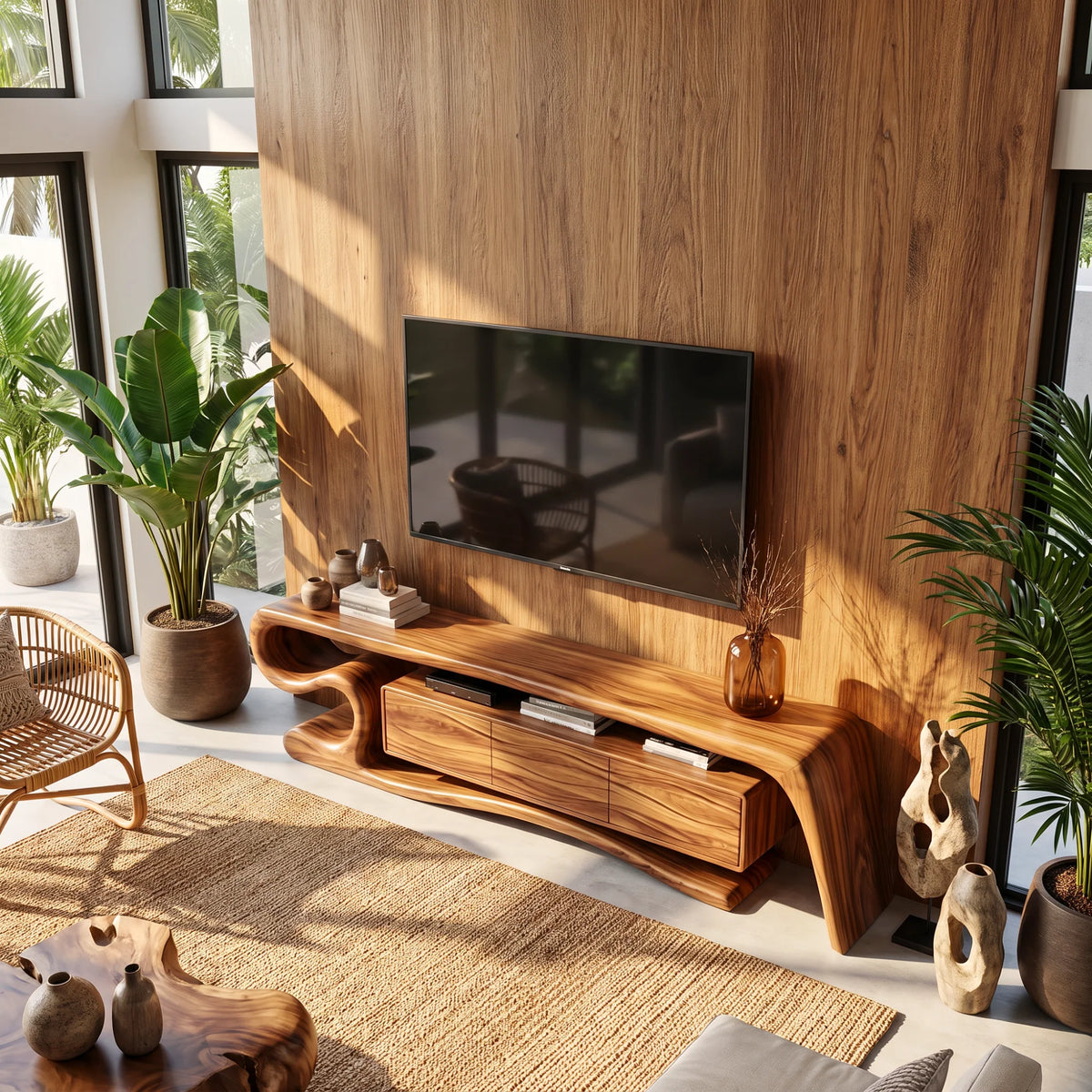 Sculptural Solid Wood TV Stand with S-Curve Frame and Wave-Grain Cabinet