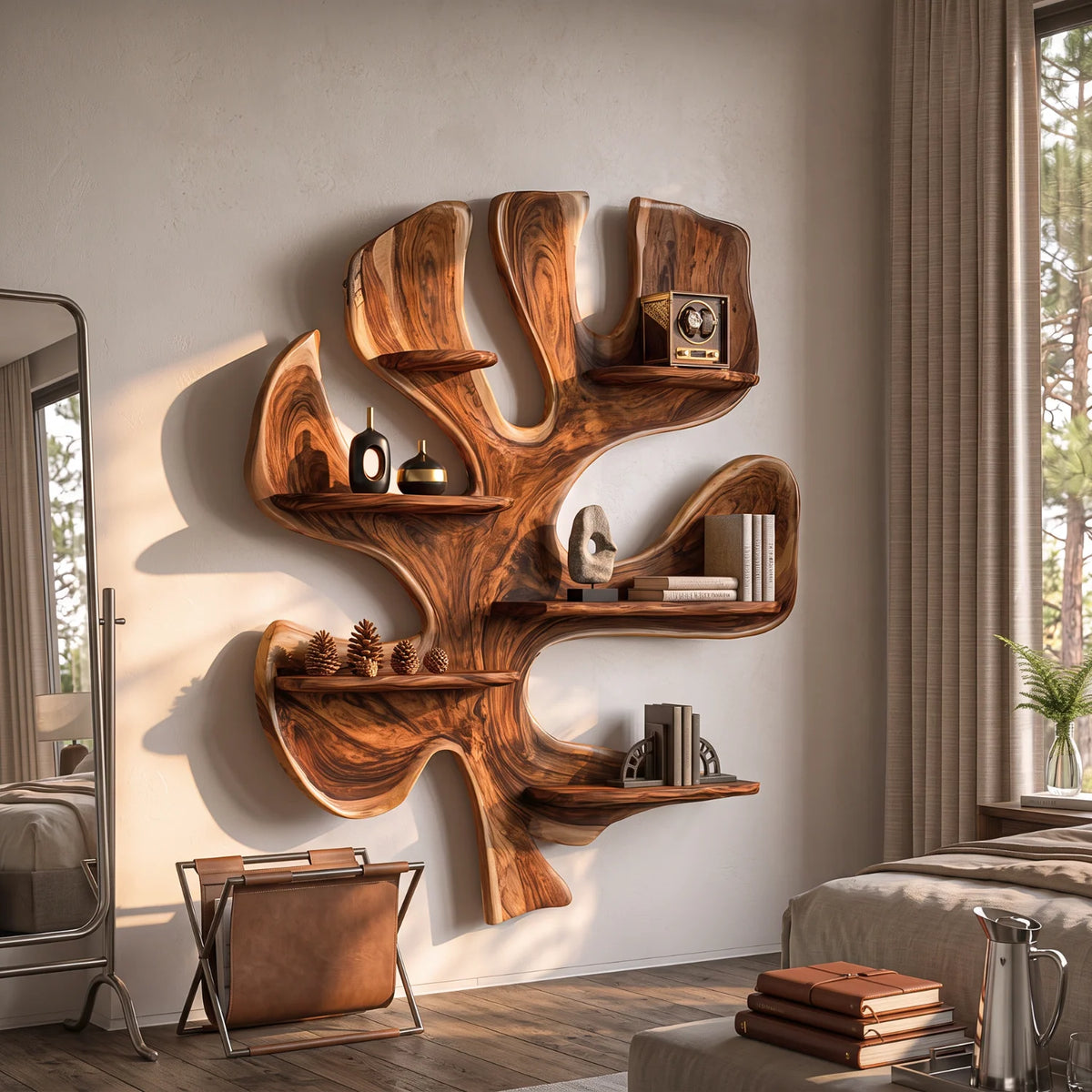 Sculptural Solid Wood Tree Wall Shelf