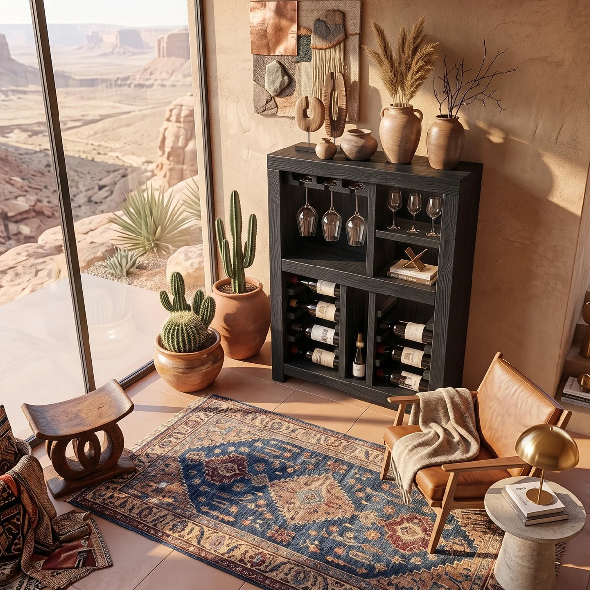 Solid Wood Wine Cabinet with Bottle Racks and Stemware Storage