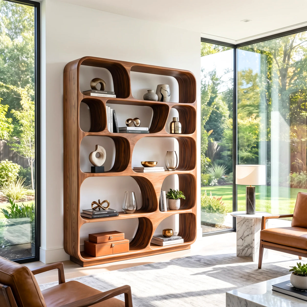 Organic Grid – Rounded Solid Wood Bookcase with Open Display Compartments