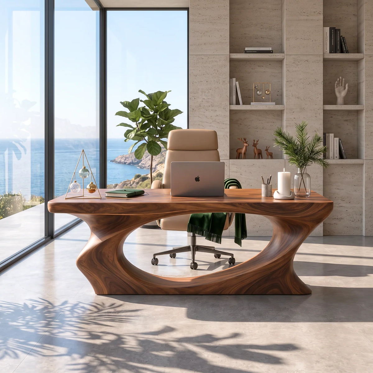 Solid Wood Executive Desk with Sculptural Loop Base