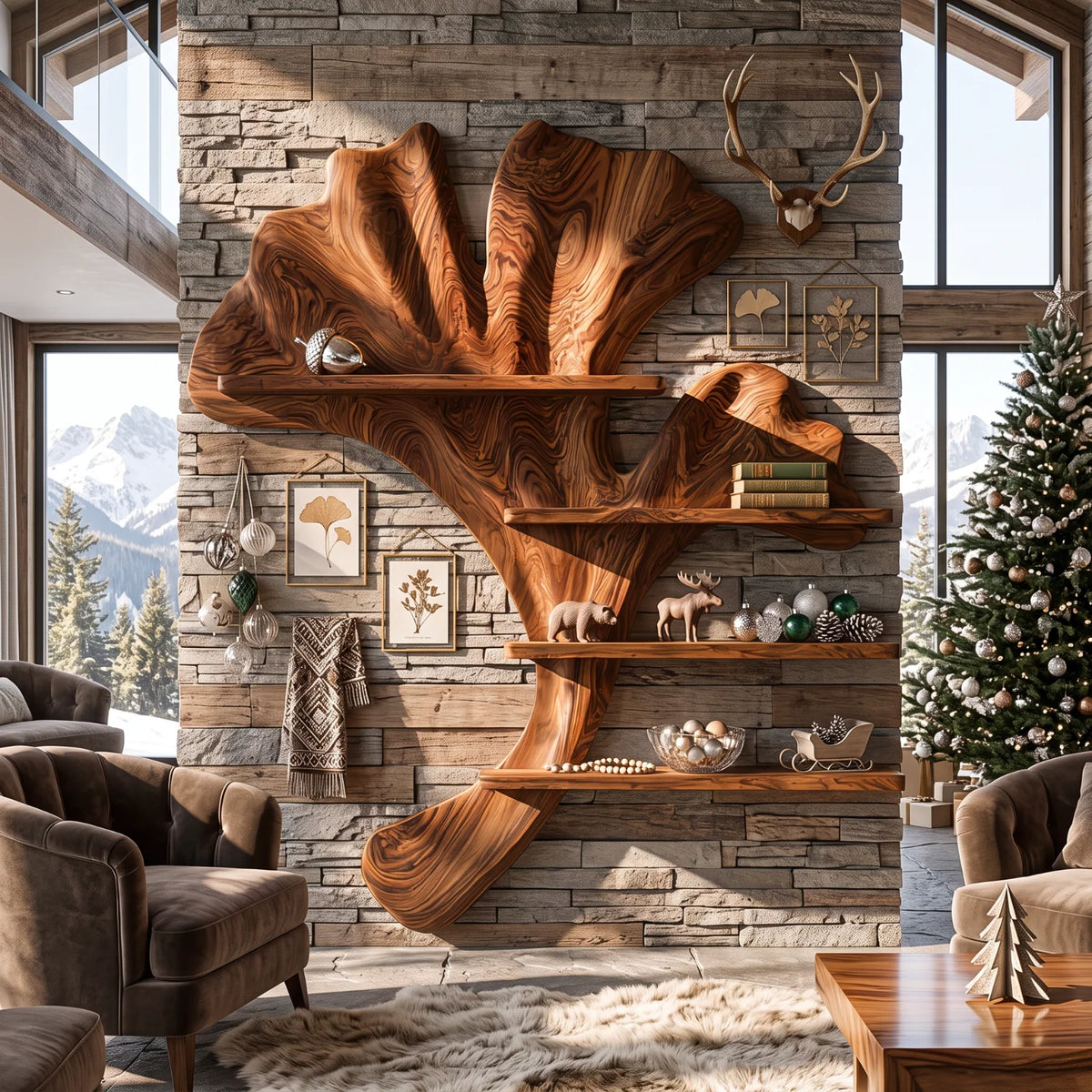 Ginkgo Leaf Solid Wood Sculptural Wall Shelf