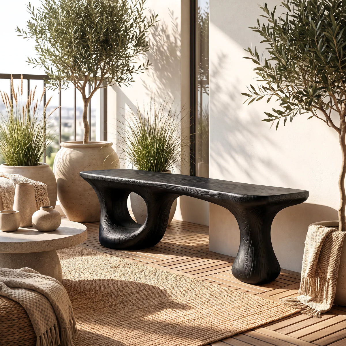 Sculptural Loop – Solid Wood Bench with Pedestal Base and Flowing Live Edge Seat