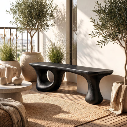Sculptural Loop – Solid Wood Bench with Pedestal Base and Flowing Live Edge Seat