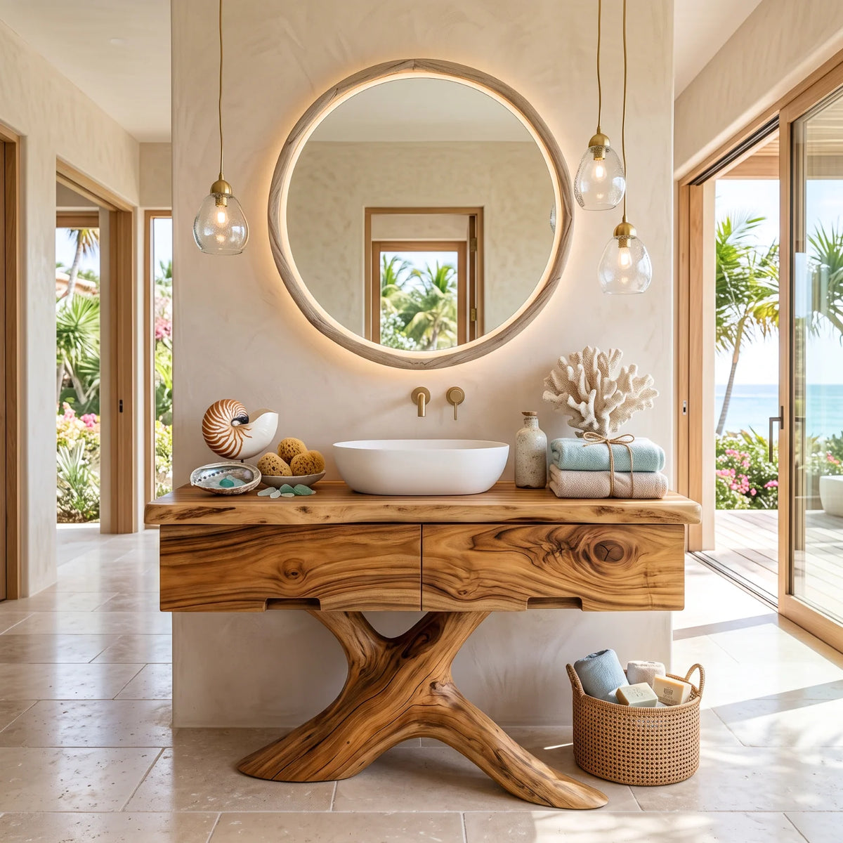 Solid Wood Bathroom Vanity with Sculptural Root Pedestal and Drawer Storage
