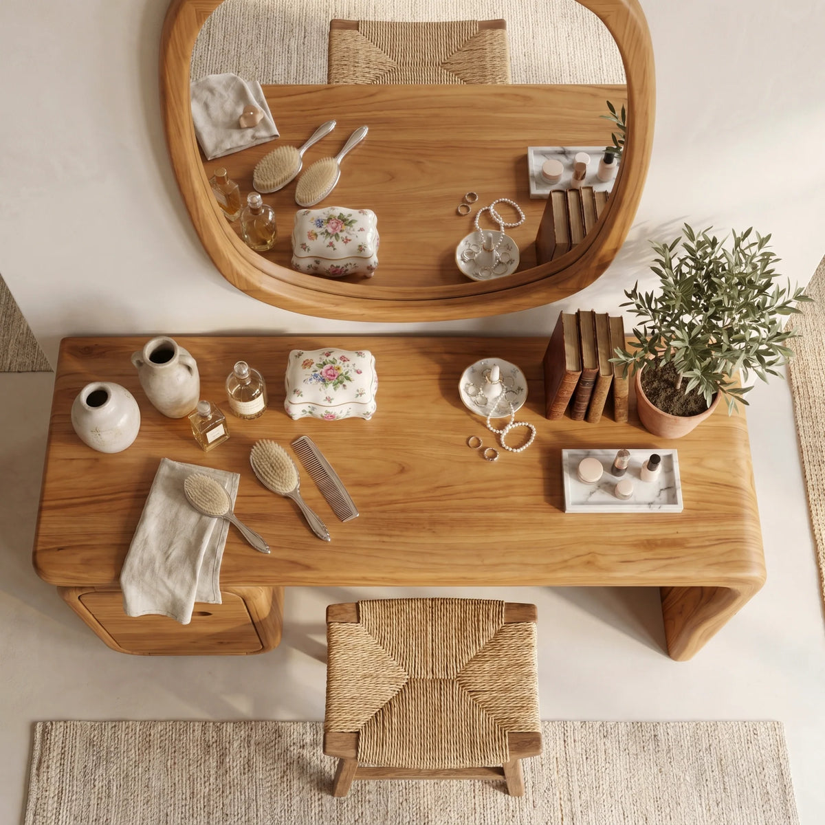 Modern Solid Wood Vanity Desk with Rounded Pedestal and Waterfall Side Design
