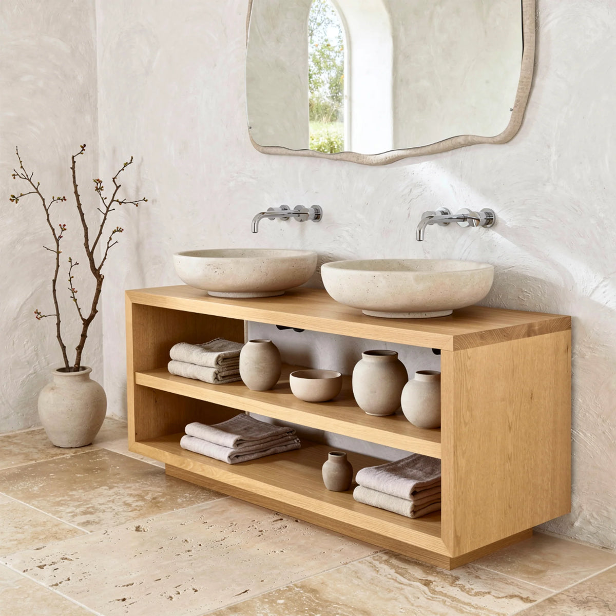 Solid Wood Double Bathroom Vanity with Open Shelf Storage – Modern Wooden Vanity Cabinet