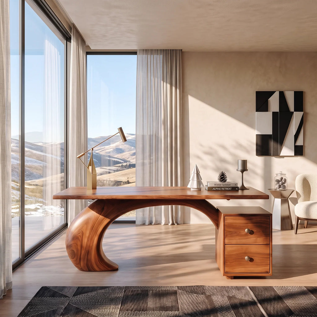 Sculptural Solid Wood Desk with Curved Base and Two Drawers