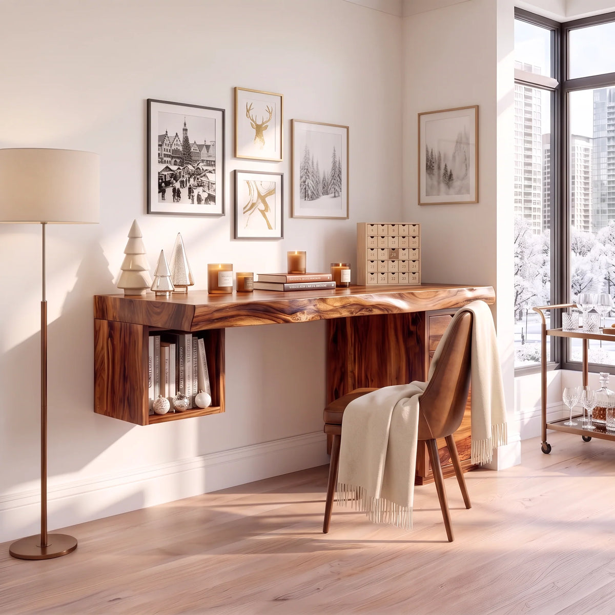 Solid Wood Desk with Drawers and Open Shelf