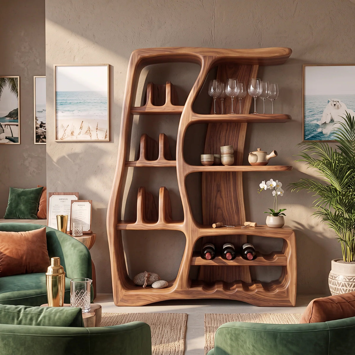 Solid Wood Wine Cabinet with Sculptural Open Shelves and Integrated Bottle Rack