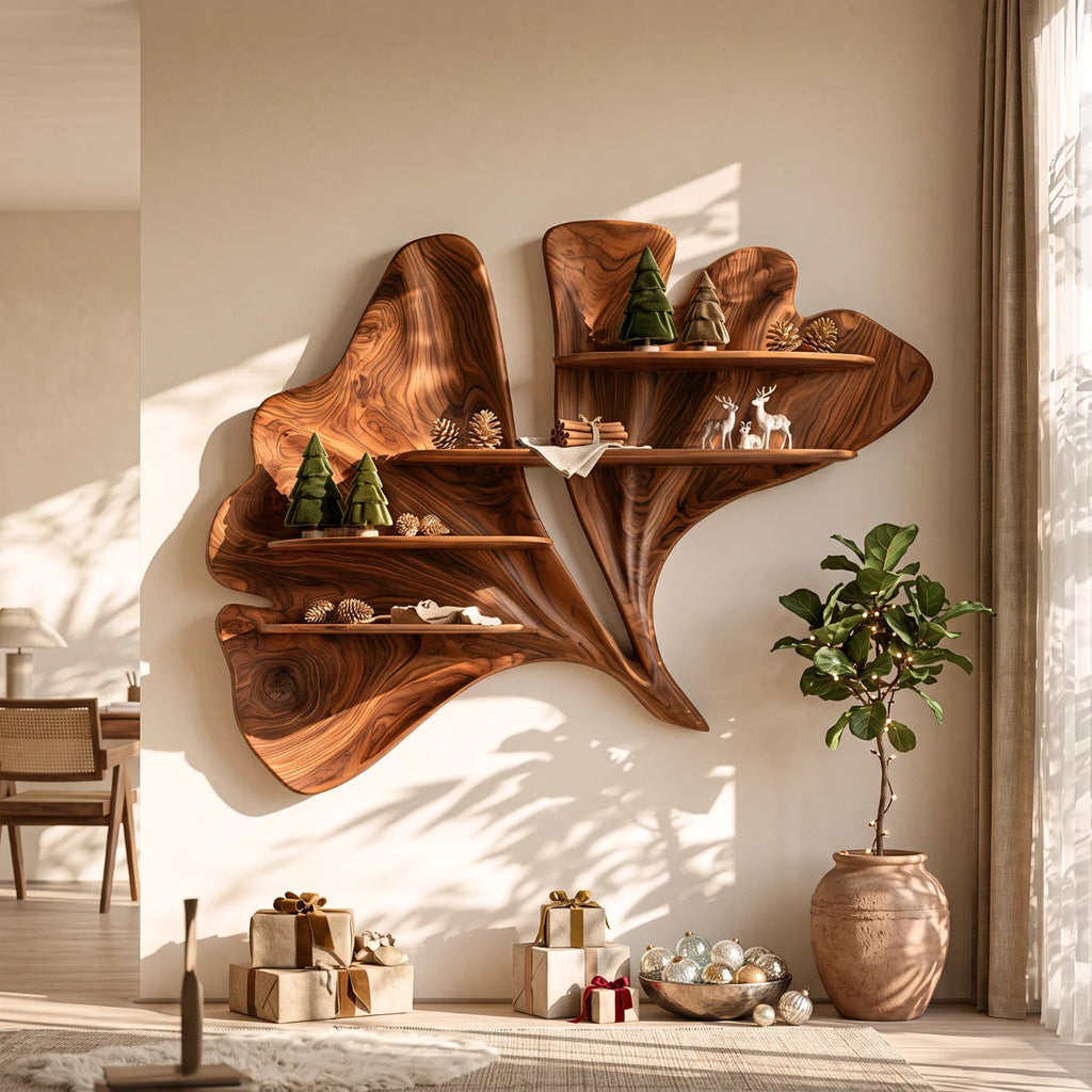 Flowing Leaf Sculptural Solid Wood Wall Shelf