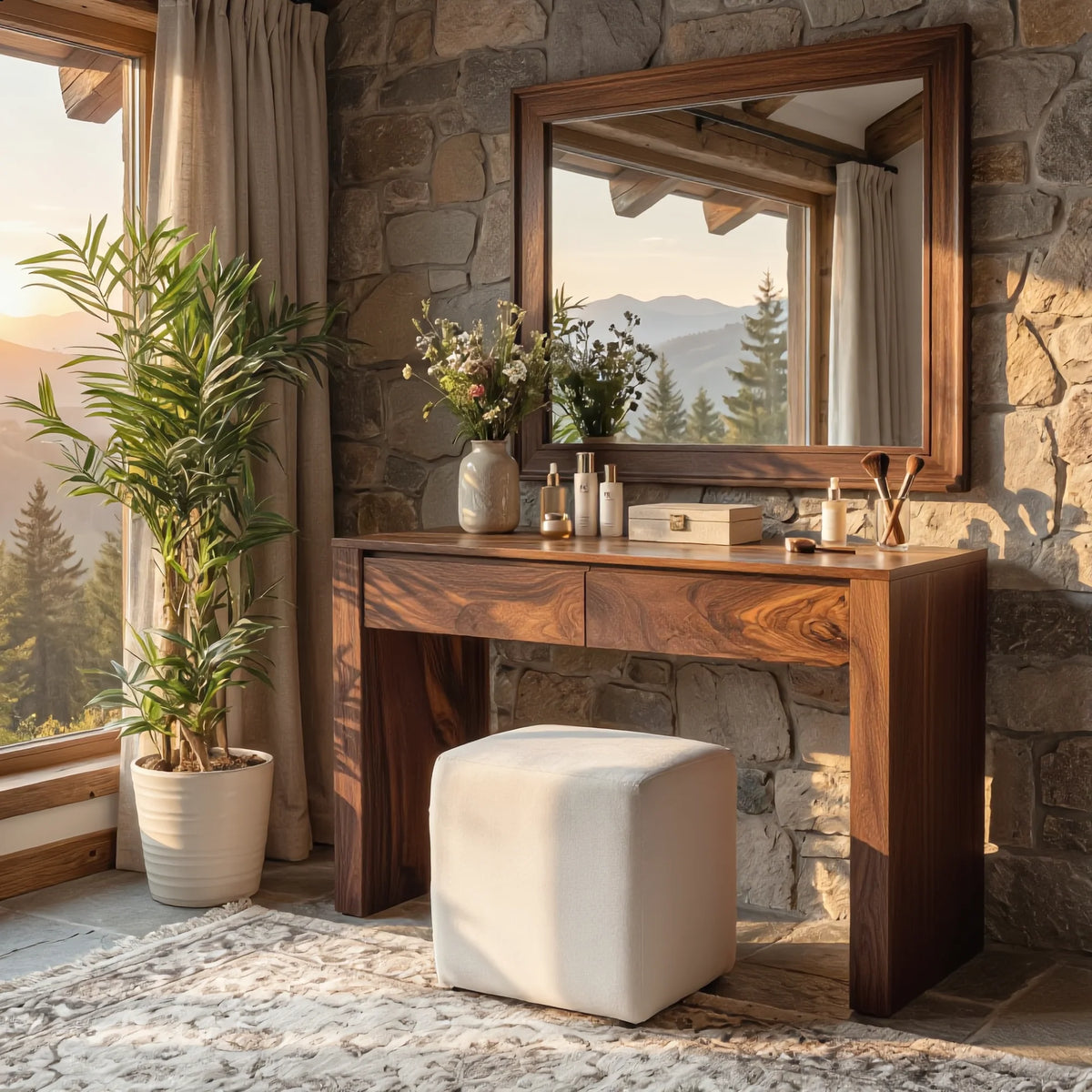 Modern Solid Wood Vanity Table with Dual Storage Drawers