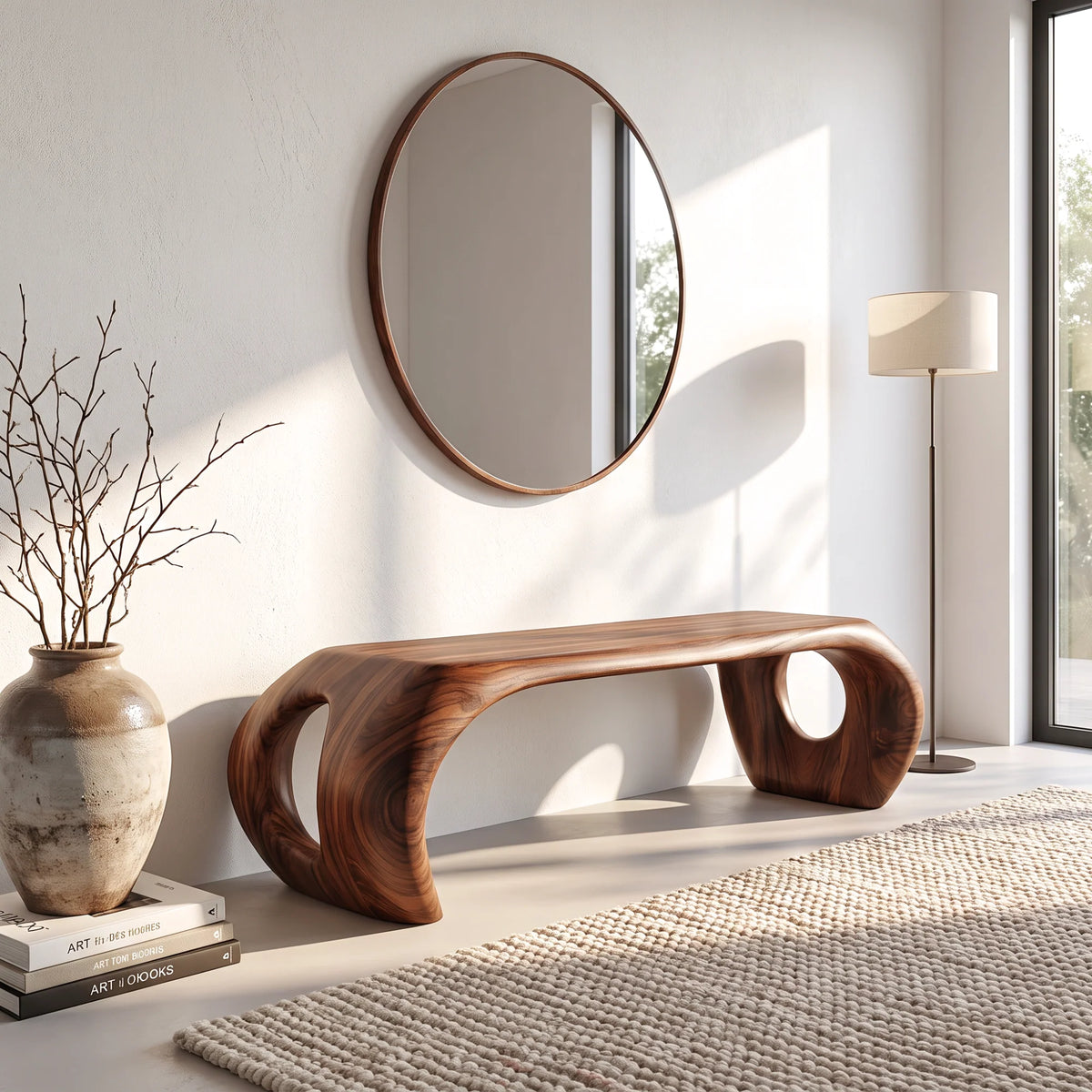 Sculptural Solid Wood Bench with Loop Base and Flowing Organic Live Edge Seat