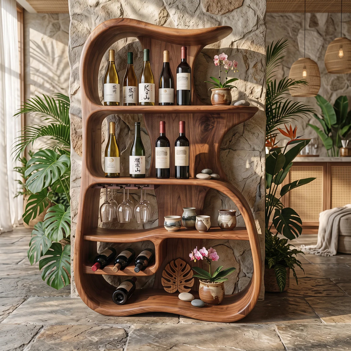 Solid Wood Wine Cabinet with Organic Open Shelves for Dining Room