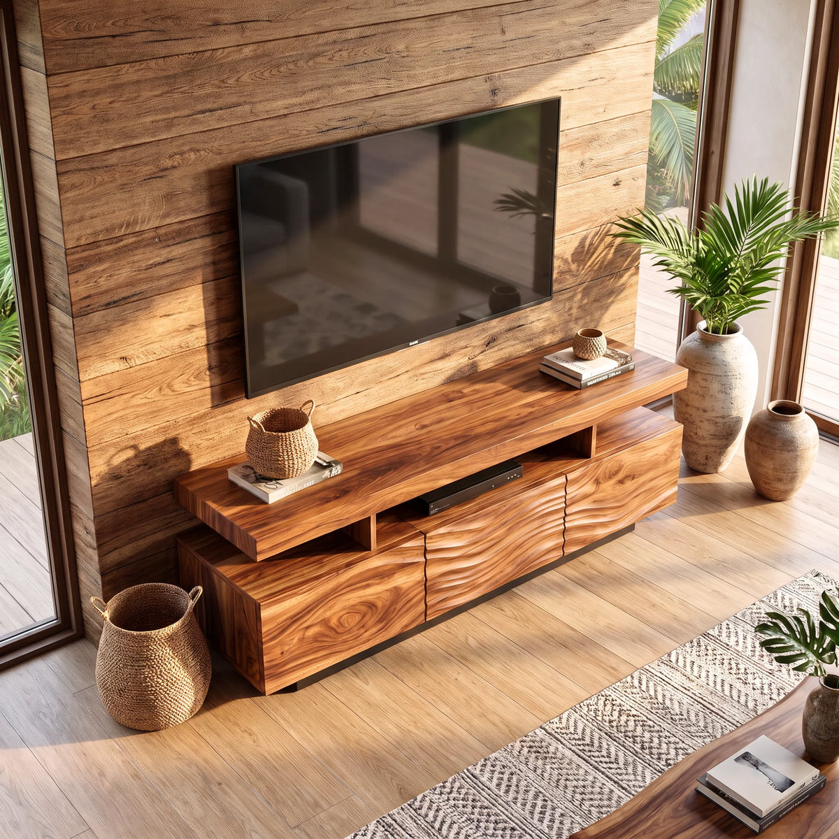 Solid Wood TV Console with Floating Top and Sculpted Wave-Front Cabinet