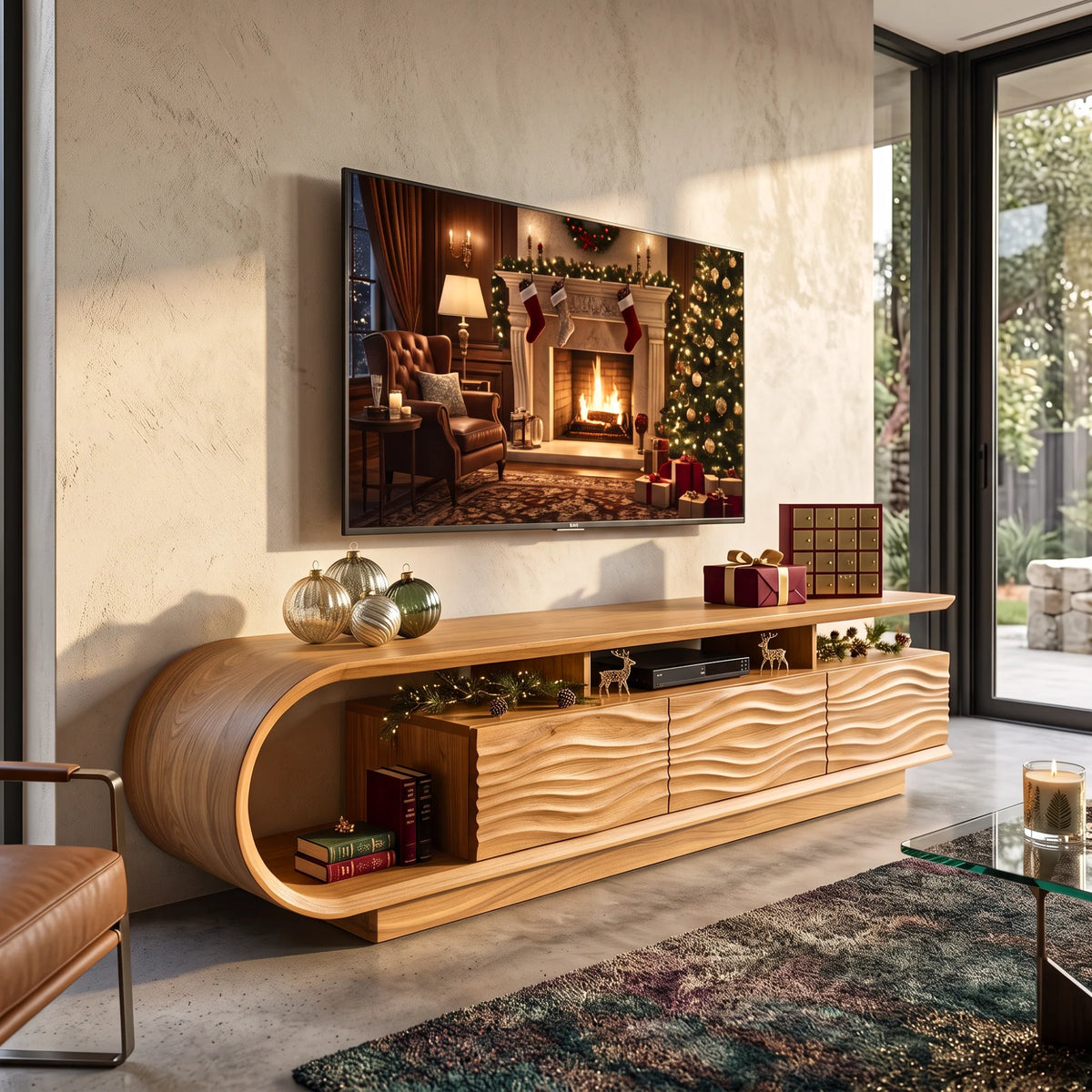 Waterfall Curve Solid Wood TV Stand with Sculpted Wave-Front Storage