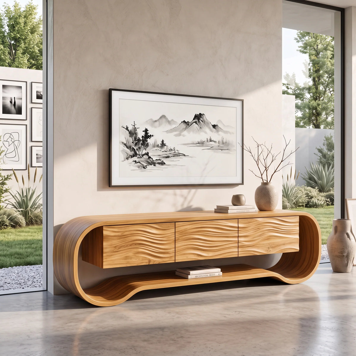 Sculptural Ribbon-Frame Solid Wood TV Console with Wave-Carved Doors