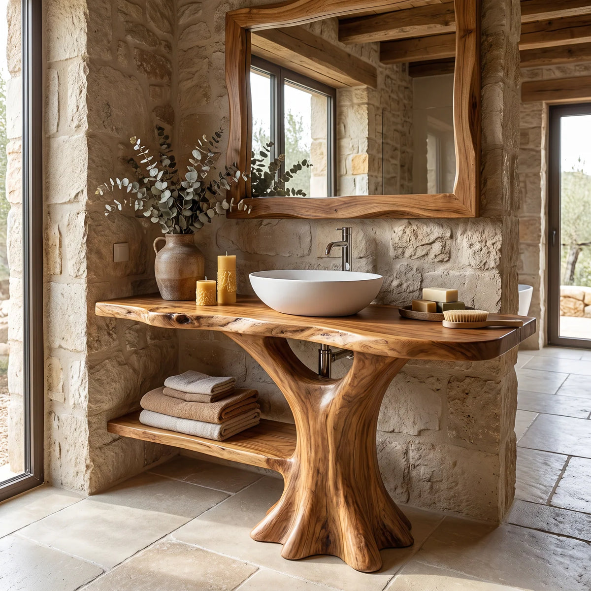 Solid Wood Bathroom Vanity with Organic Trunk Pedestal and Side Shelf Storage