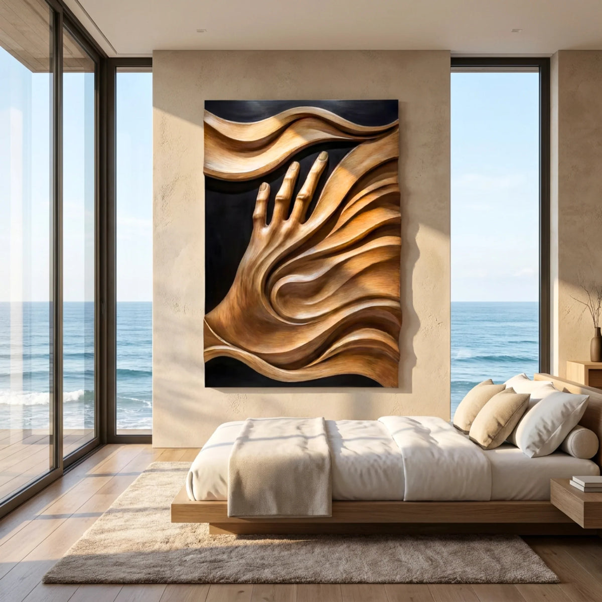 3D Flowing Wave Hand Solid Wood Wall Sculpture – Handcrafted Artistic Decor