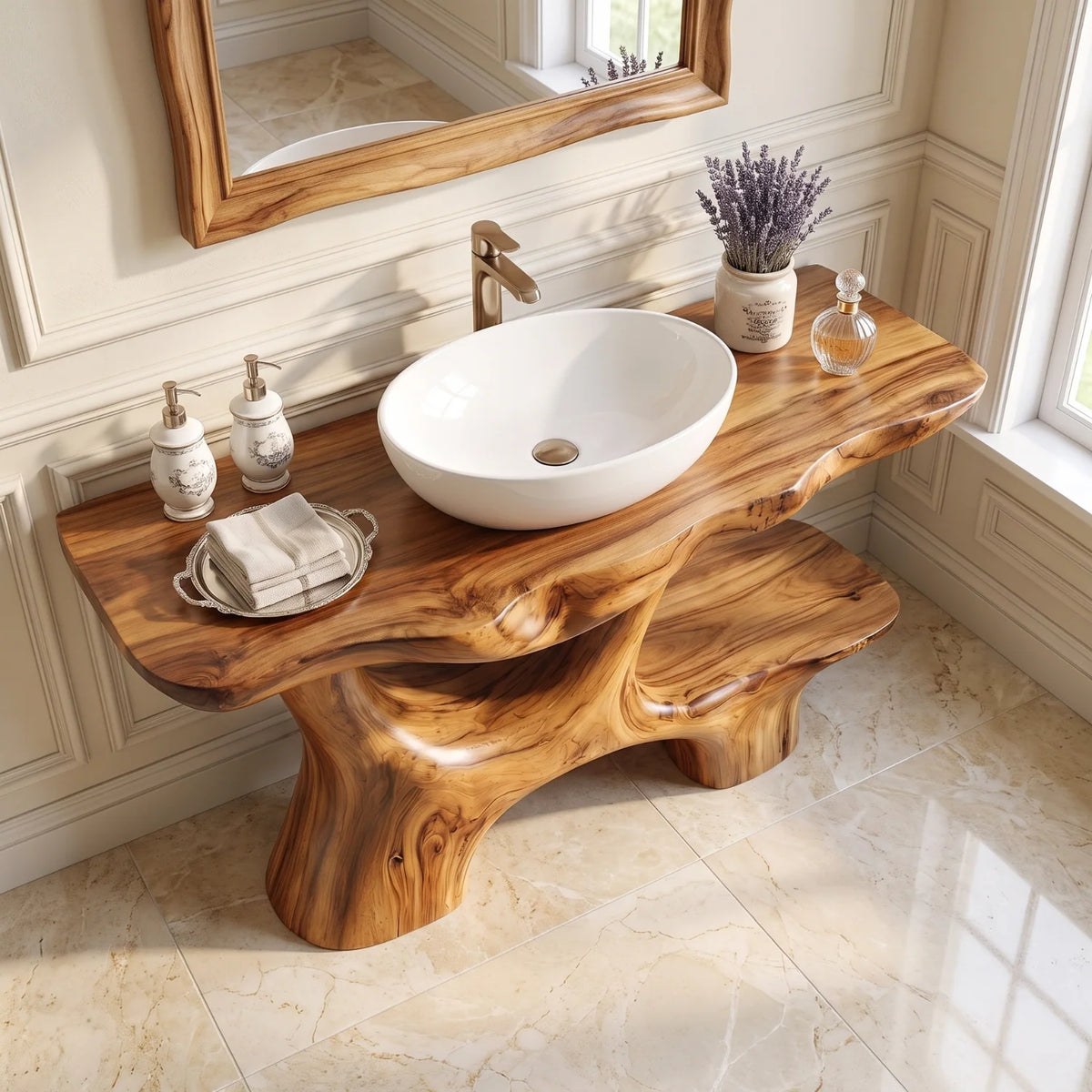 Solid Wood Bathroom Vanity with Open Arch Base and Side Shelf Storage