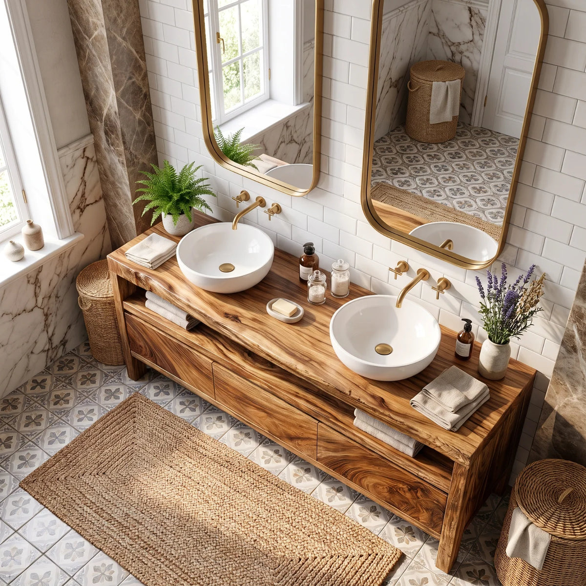 Solid Wood Double Sink Bathroom Vanity with Open Shelf Storage for Rustic Lodge Bathrooms