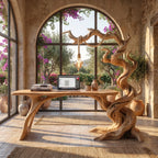 Sculptural Twisted Tree Wood Desk with Hanging Lamp
