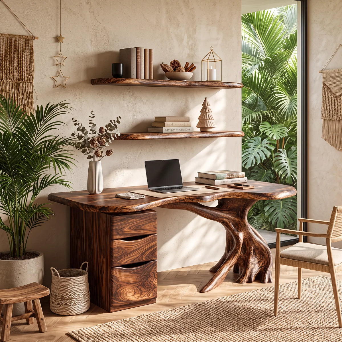 Live Edge Solid Wood Desk with Tree Base