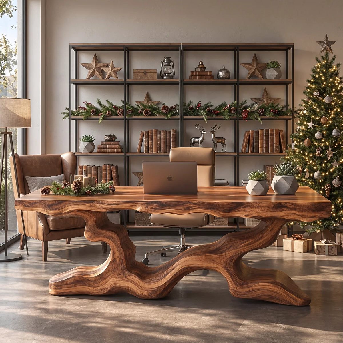 Live Edge Solid Wood Executive Desk with Branch Base
