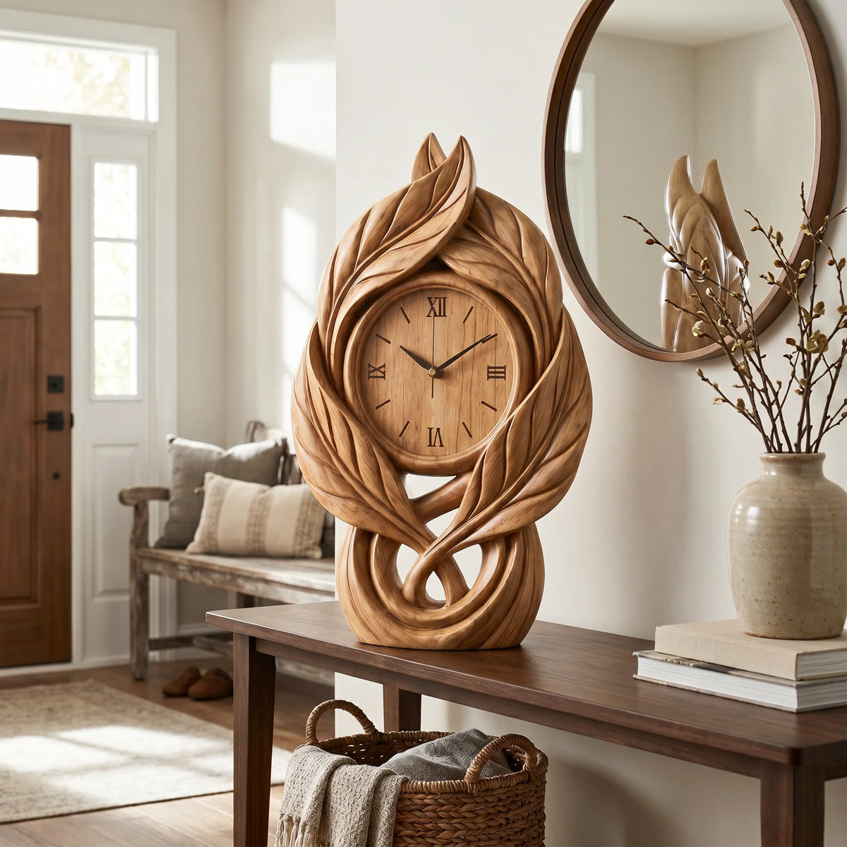 Solid Wood Leaf-Inspired Table Clock – Sculptural Decorative Desk Clock for Modern Interiors