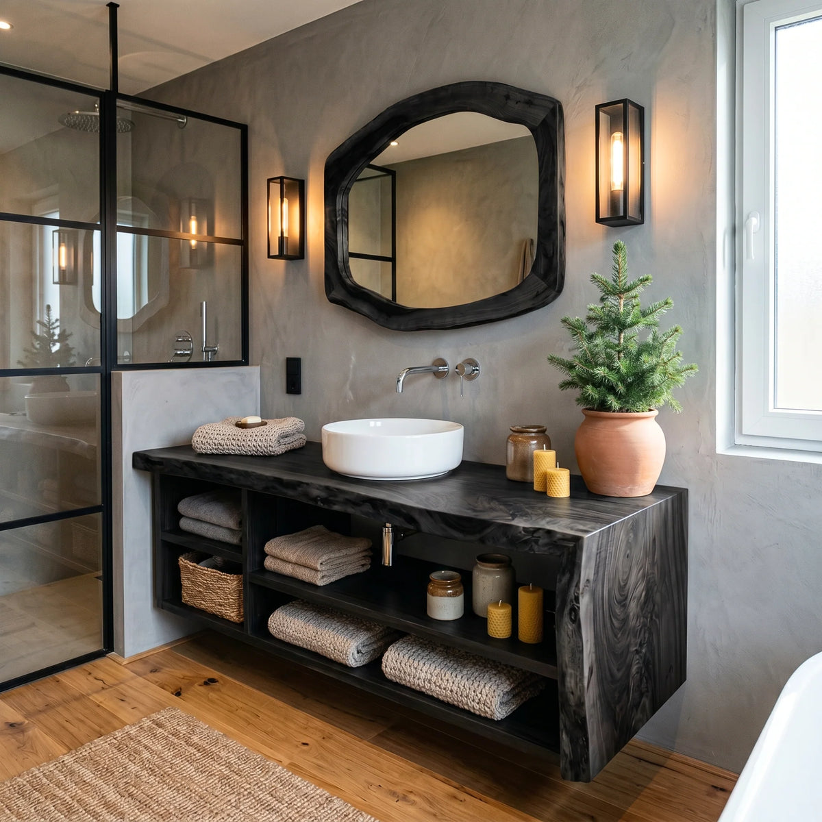 Solid Wood Bathroom Vanity with Open Storage and Vessel Sink – Modern Wooden Bathroom Cabinet