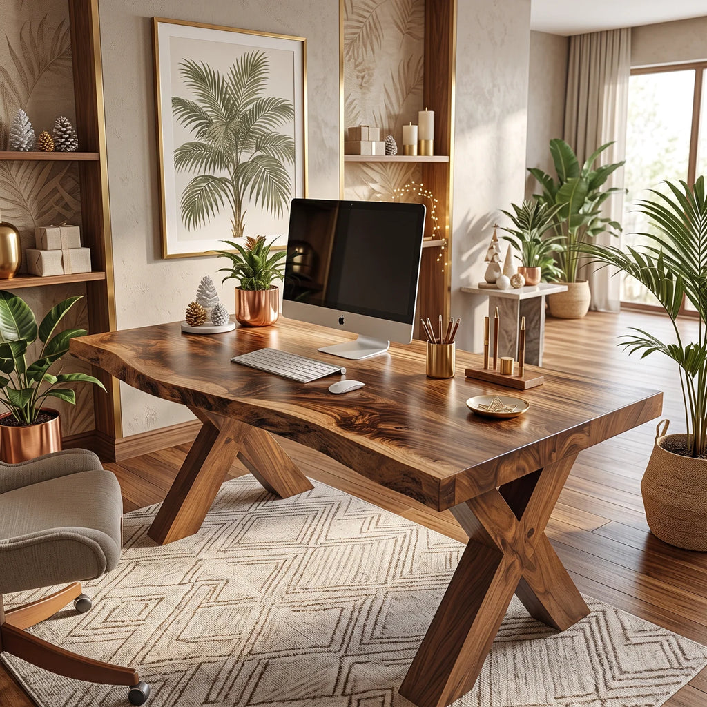 Live Edge Solid Wood Desk with Sculptural X-Shaped Legs – Modern Home Office Desk