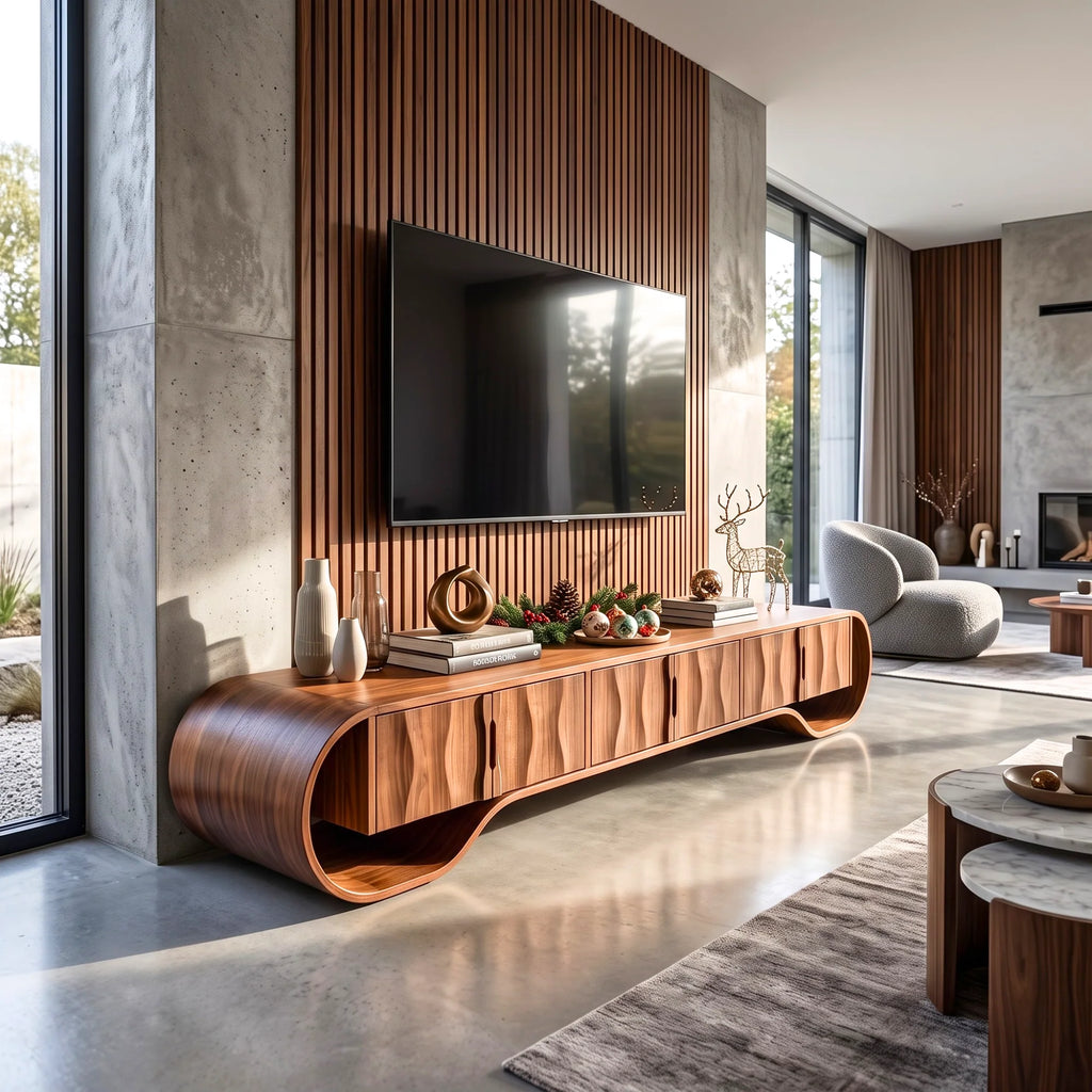 Sculptural Solid Wood TV Stand with Oval Frame and Natural-Grain Doors