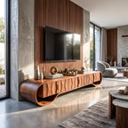 Sculptural Solid Wood TV Stand with Oval Frame and Natural-Grain Doors