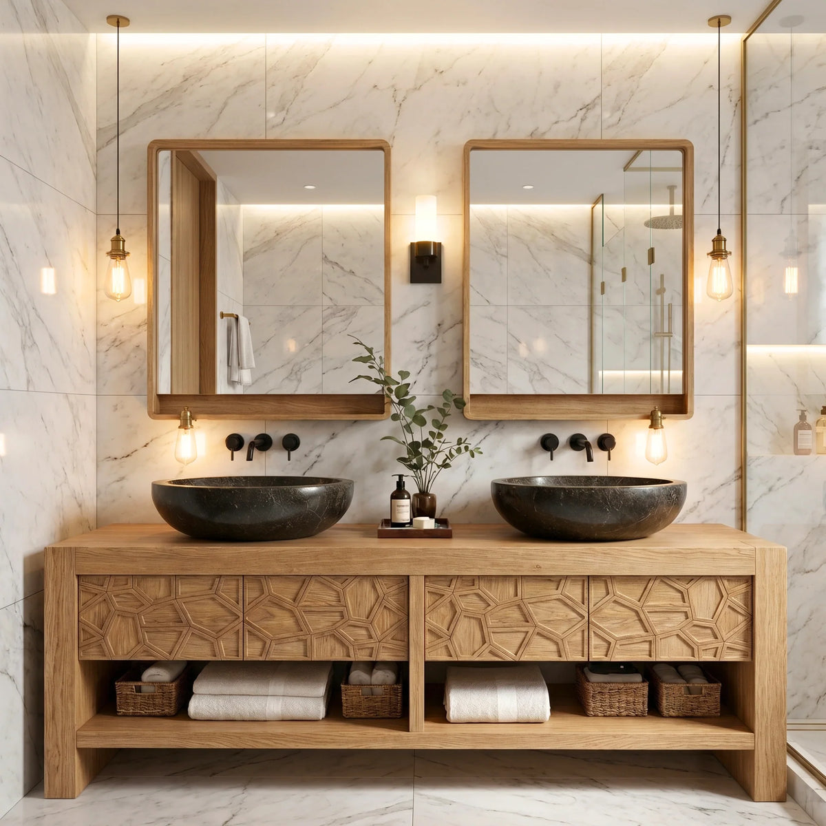 Modern Solid Wood Bathroom Vanity Cabinet with Geometric Carved Front Design